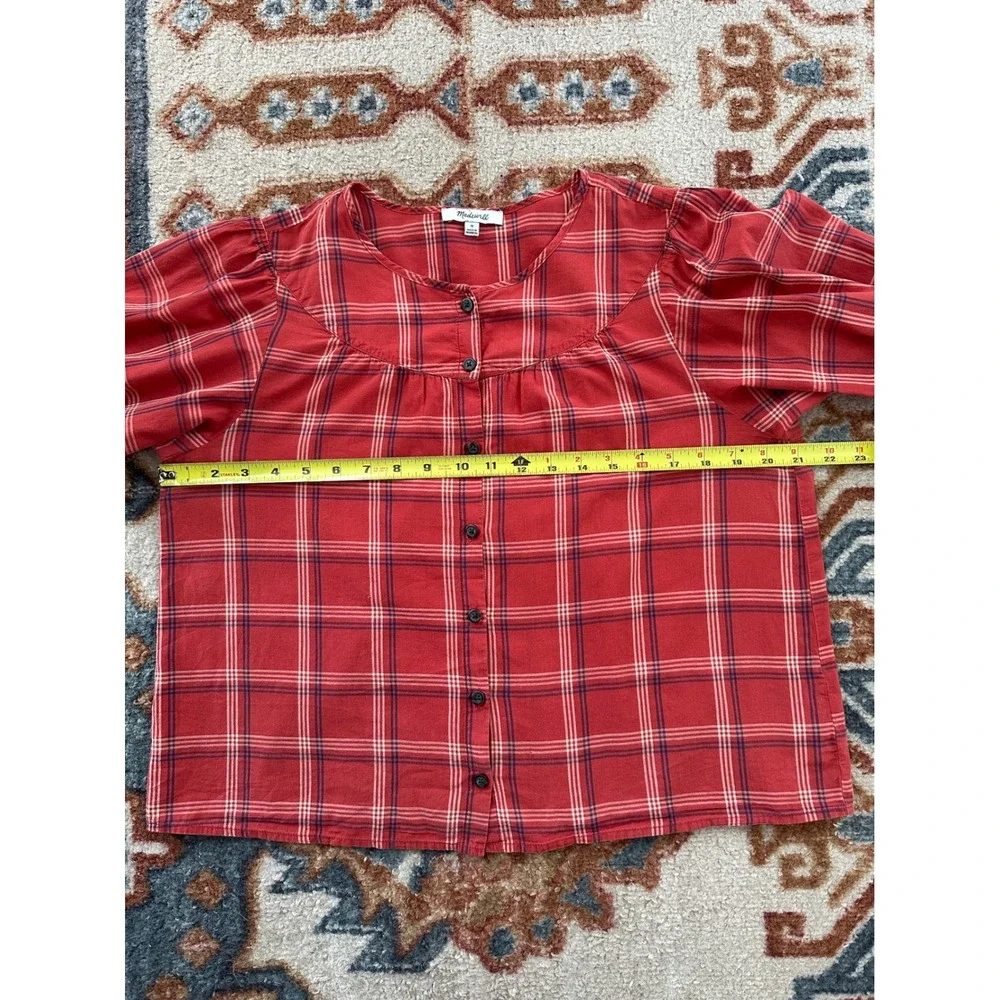 Madewell Plaid Button Front Top Red Puff Sleeve Cotton Blouse Coquette Medium